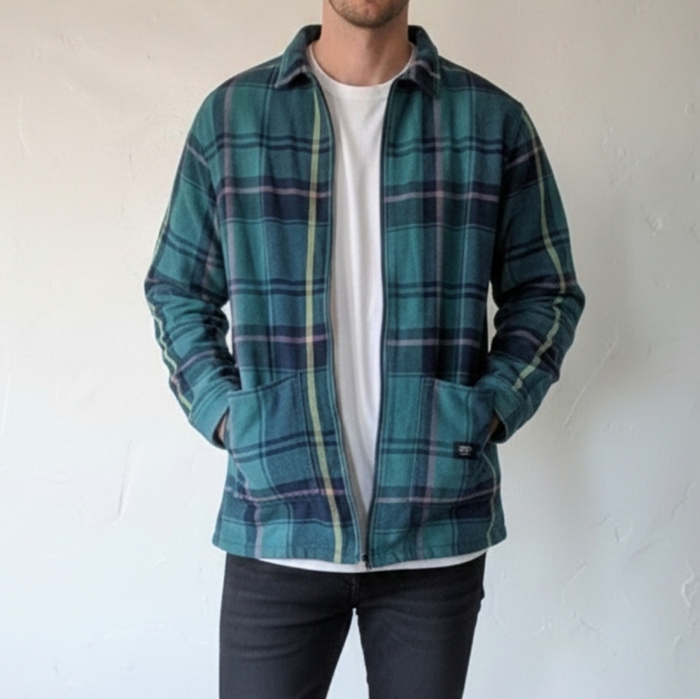 Vans Off The Wall Zip-Front Plaid Flannel Jacket - Green/Teal - Medium Excellent